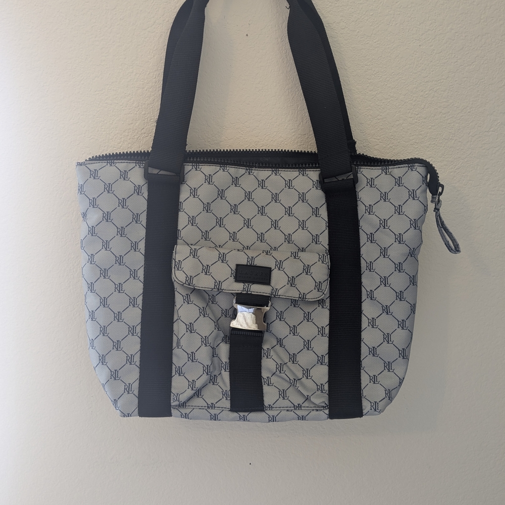 Lauren Ralph Lauren RL Monogram Nylon Tote Bag Black Strap Zip Top
